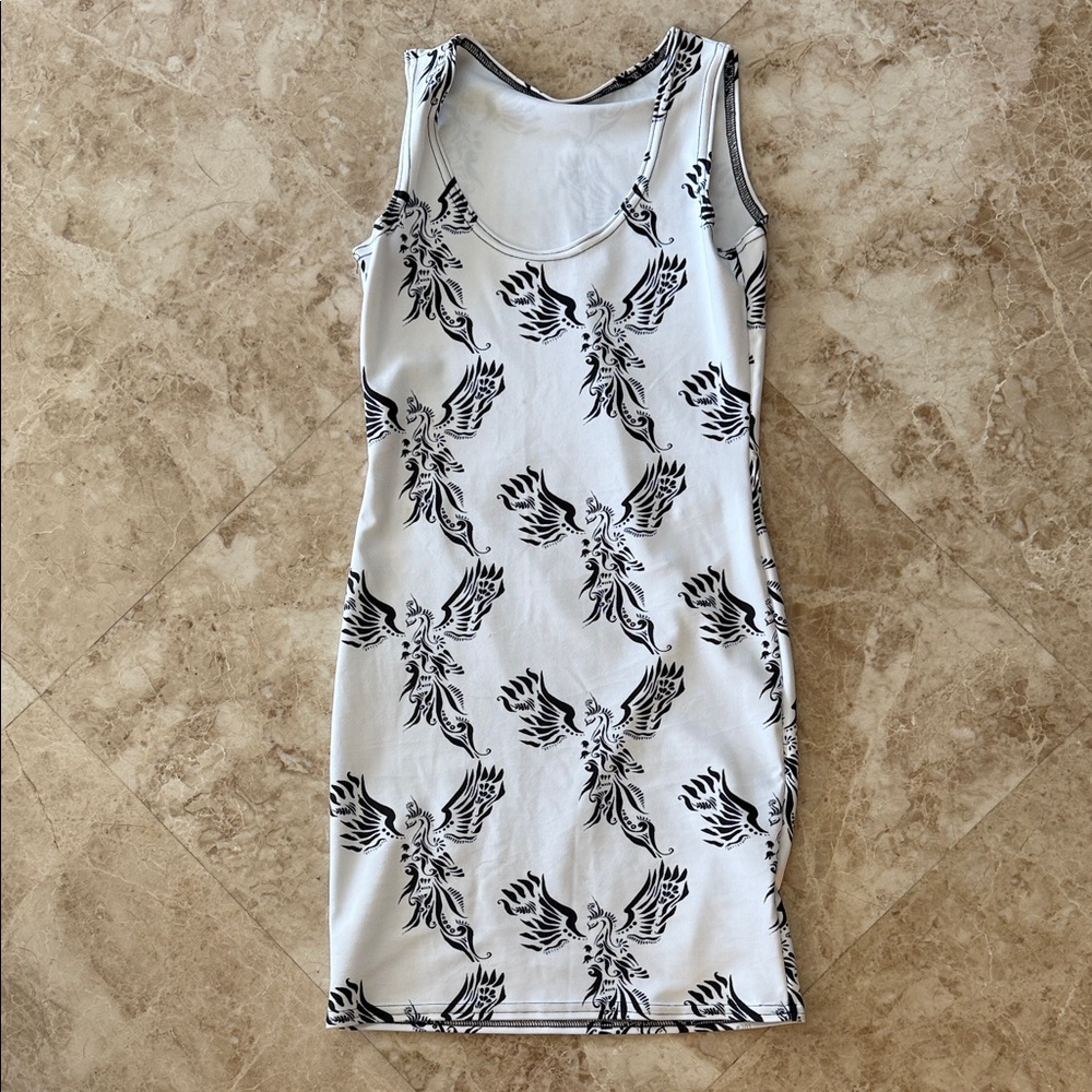 Tribal PHOENIX tattoo print original bodycon white dress